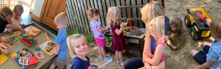 Collage: Children exploring numbers with Montessori toys, girls with teacher in the out door sand kitchen, boys filling toy trunks with sand